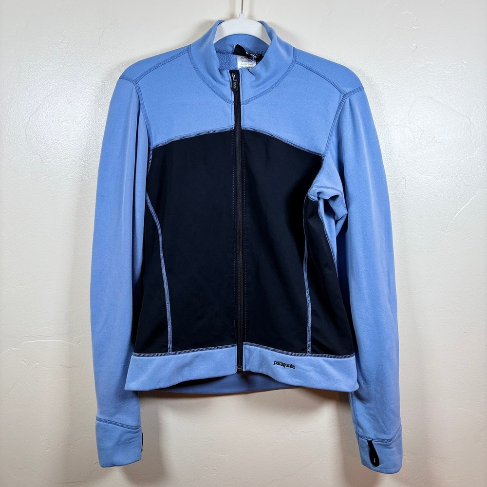 VTG Patagonia Wind Shield Jacket Women M Periwinkle Blue Black USA Made Gorpcore